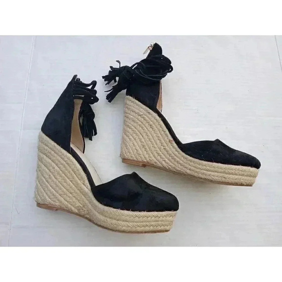 Raye Womens Dixie Espadrilles Heel Black Suede Tassel High Almond Toe Zipper 7 - Picture 8 of 11